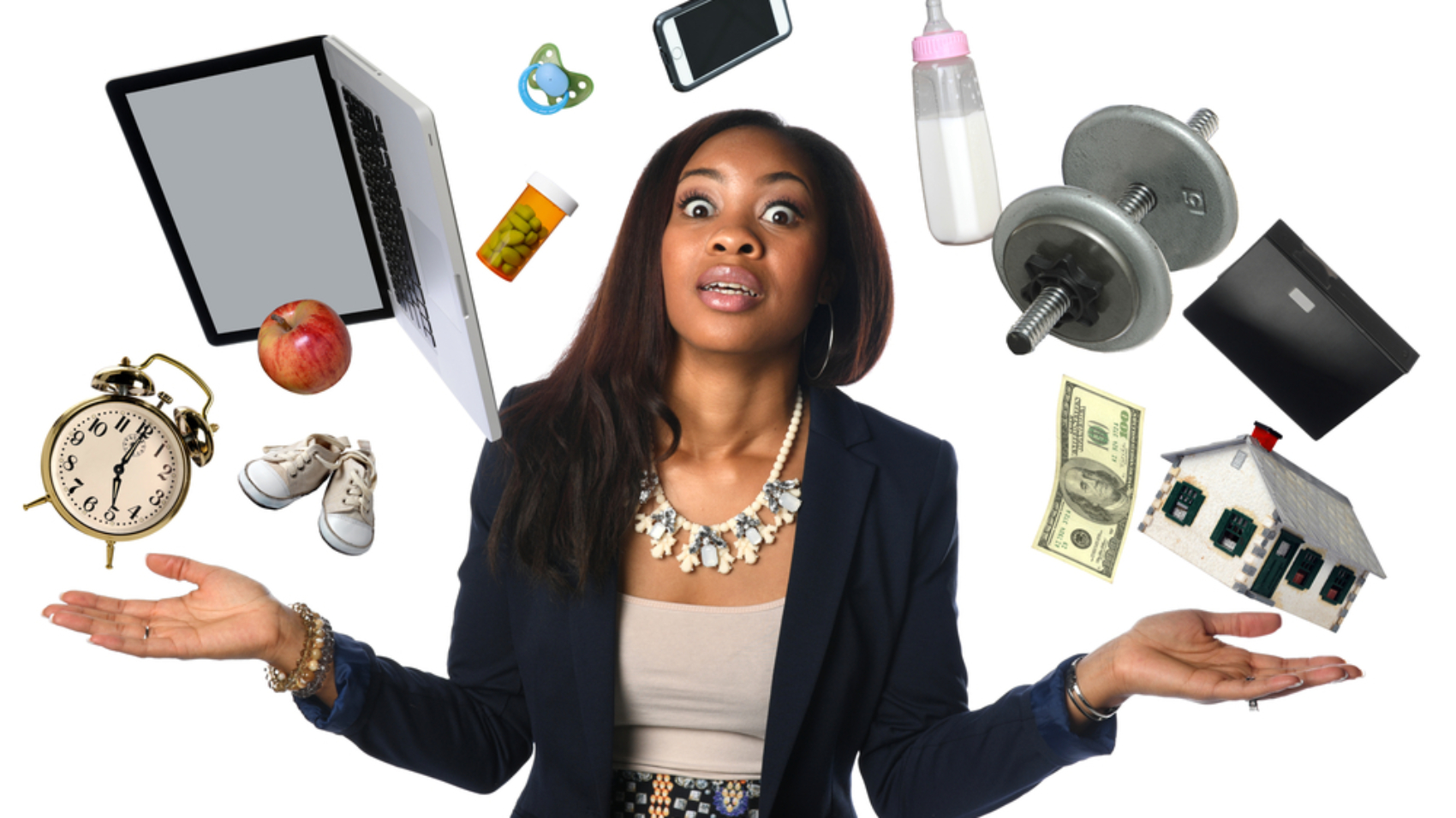 African,American,Businesswoman,Juggling,Many,Objects,And,Feeling,Overwhelmed