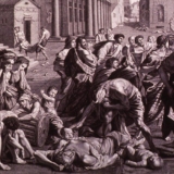 THE PLAGUE OF ASHDOD or EPIDEMIC AMONG THE PHILISTINES. The Old Testament scene shows God's destruction of the temple and idol of Dagon. Engraving by Picart after Poussin painting of 1660.