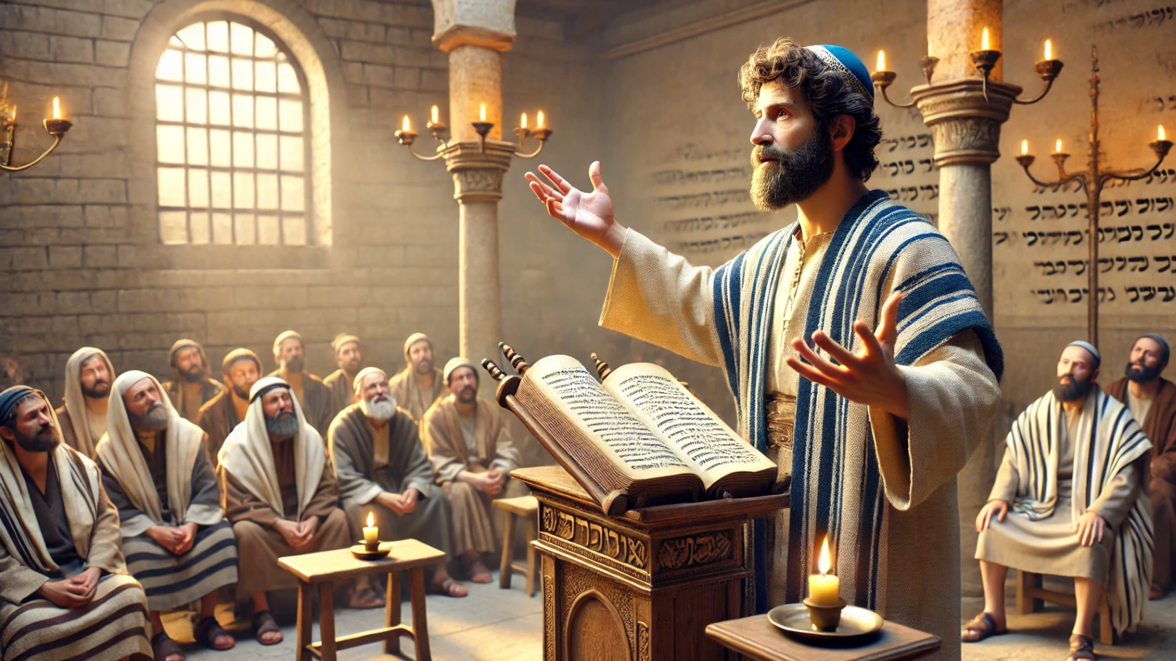 DALL·E 2024-07-30 16.20.00 - A realistic depiction of the Apostle Paul teaching passionately in a First Century synagogue. He is addressing an attentive audience with expressive h