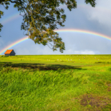 Rainbow,In,Sky,Clouds,Over,Rural,House,Lawn,Summer,Field