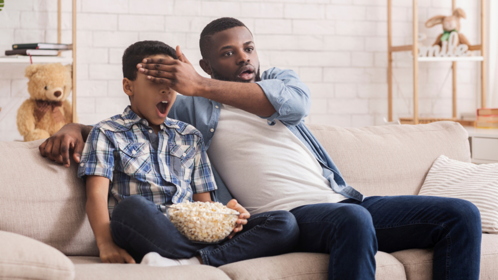 Parental,Control.,Father,And,Son,Watching,Scary,Movie,On,Tv