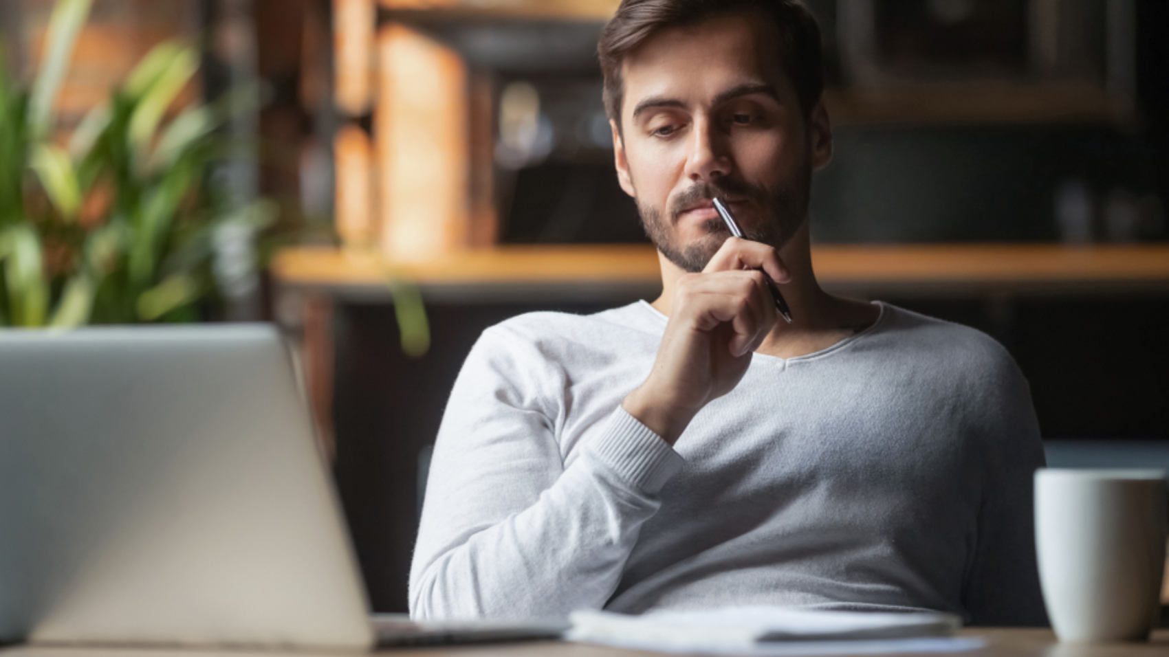 Pensive,Bearded,Man,Sitting,At,Table,Drink,Coffee,Work,At