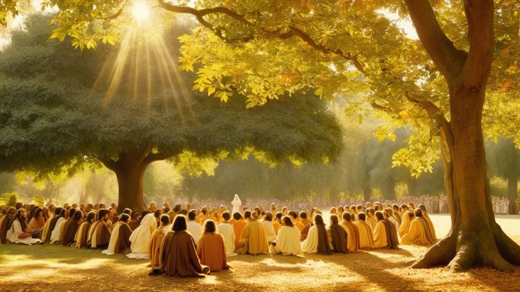 Serene scene of Jesus preaching to a multitude under